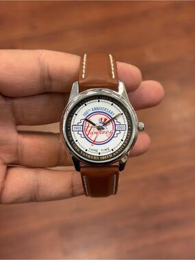 Vintage N.Y. Yankees 100th Anniversary Baseball Watch Brown Leather Strap Watch